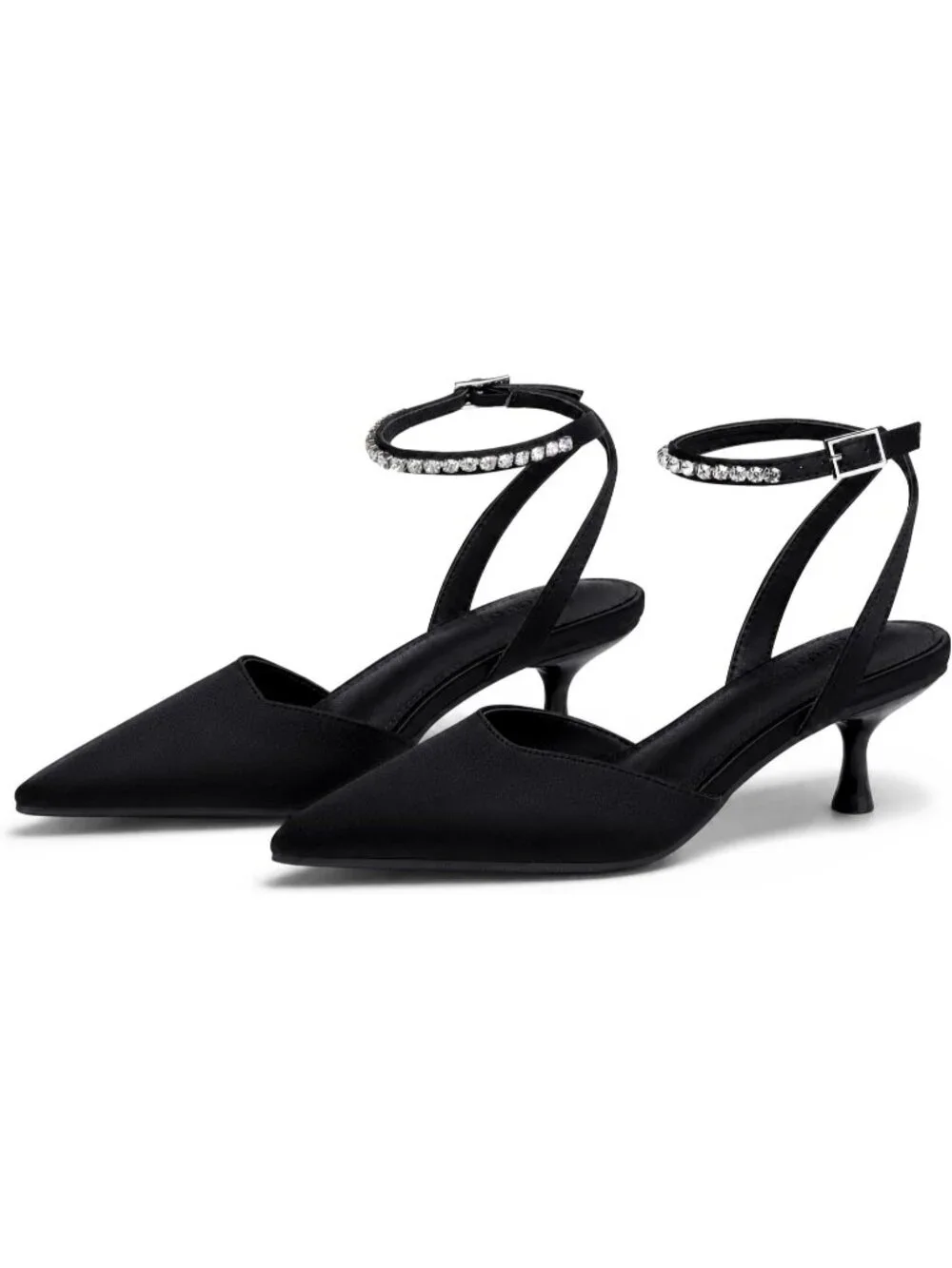 Women's Black Low Kitten Heels Closed Pointed Toe Pumps Rhinestone Ankle Strap